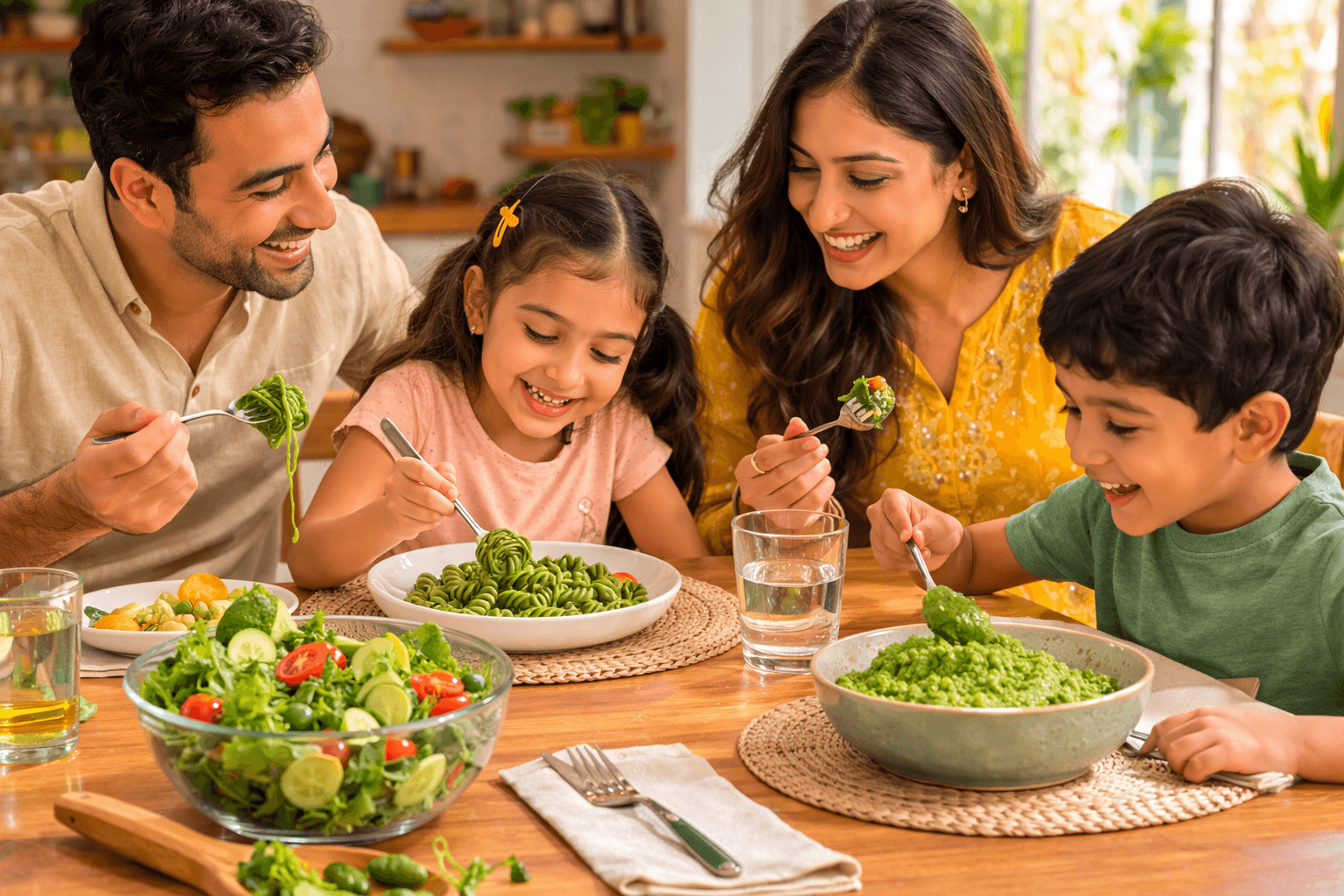 A mom and her child laughing together while enjoying greens